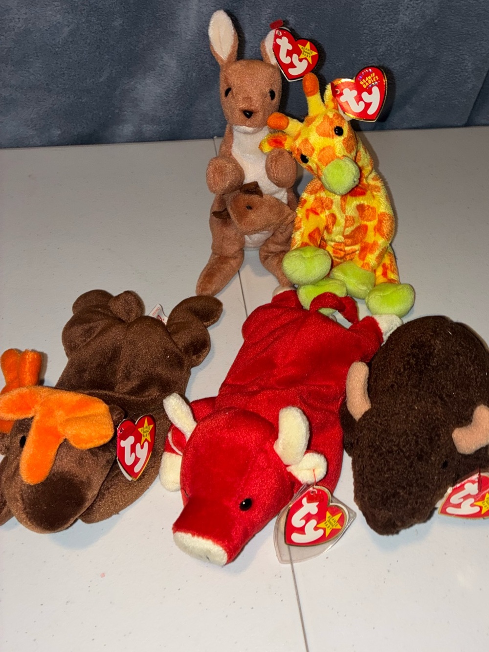 Retired Lot of 6 Vintage Ty Beanie Babies Pouch Giraffiti Snort Roam Chocolate